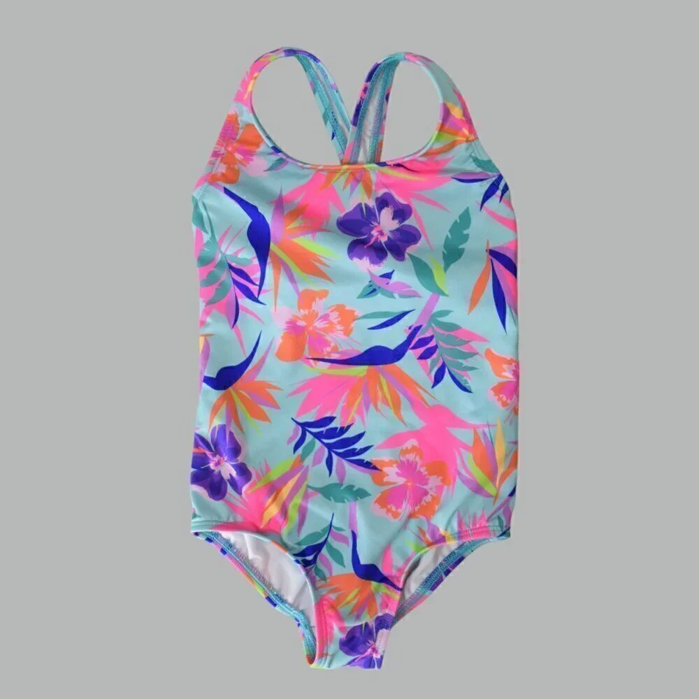 LANDS' END GIRL'S AQUA TROPICAL ONE-PIECE SWIMSUIT UPF 50